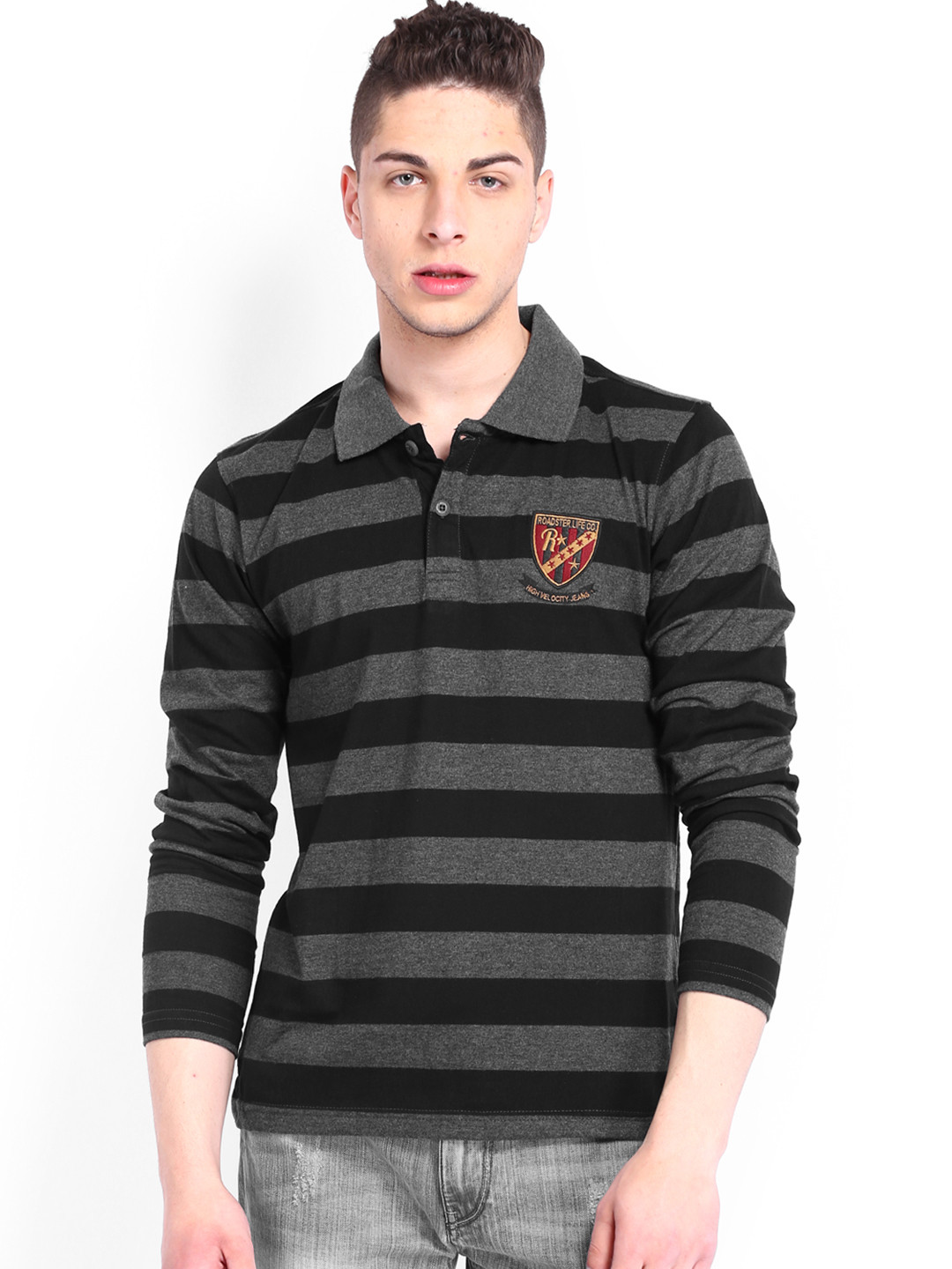 Buy Roadster Men Black & Charcoal Grey Melange Striped ...