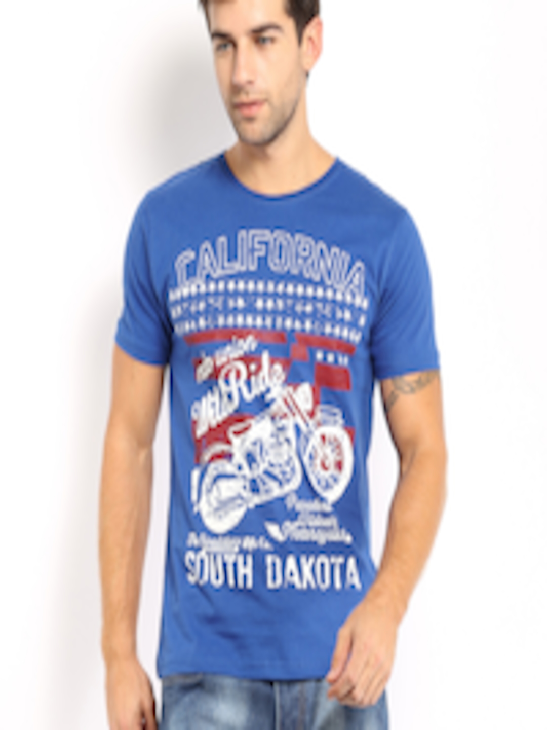 Buy Roadster Men Blue Printed Pure Cotton T Shirt - Tshirts for Men ...