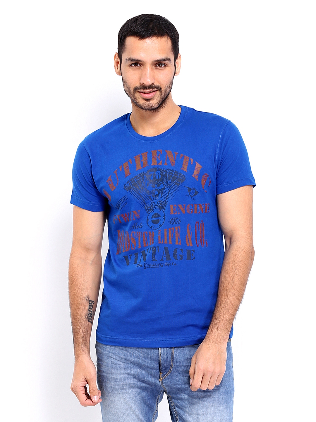 Buy Roadster Men Blue Printed Pure Cotton T Shirt - Tshirts for Men ...