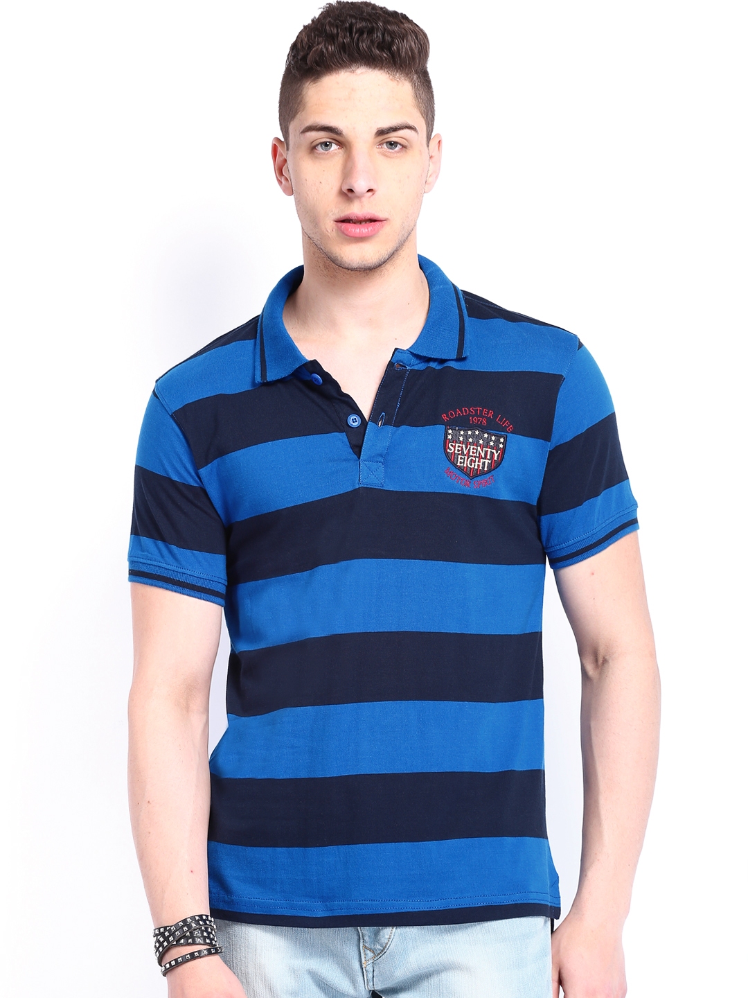 Buy Roadster Men Blue Striped Polo Pure Cotton T Shirt - Tshirts for ...