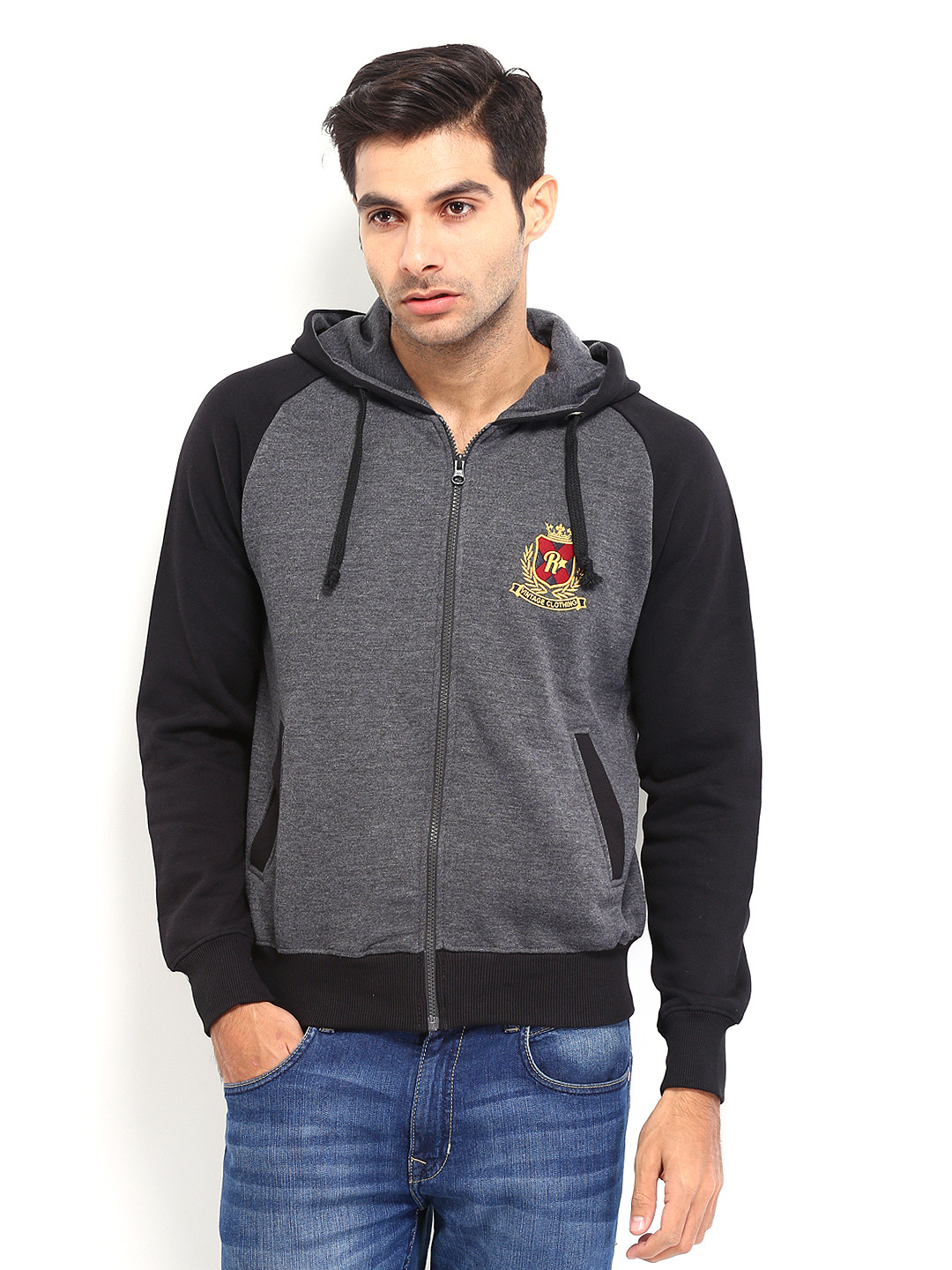 Buy Roadster Men Charcoal Grey & Black Hooded Sweatshirt Sweatshirts