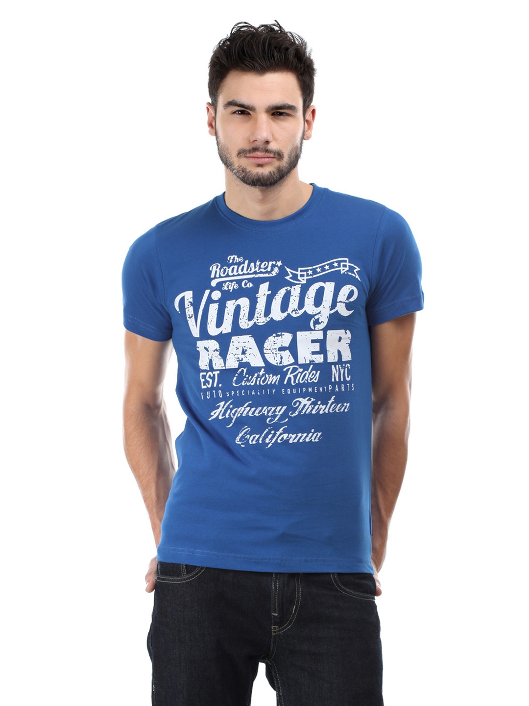 Buy Roadster Men Cobalt Blue Avenger Vintage Racer Print Pure Cotton T ...