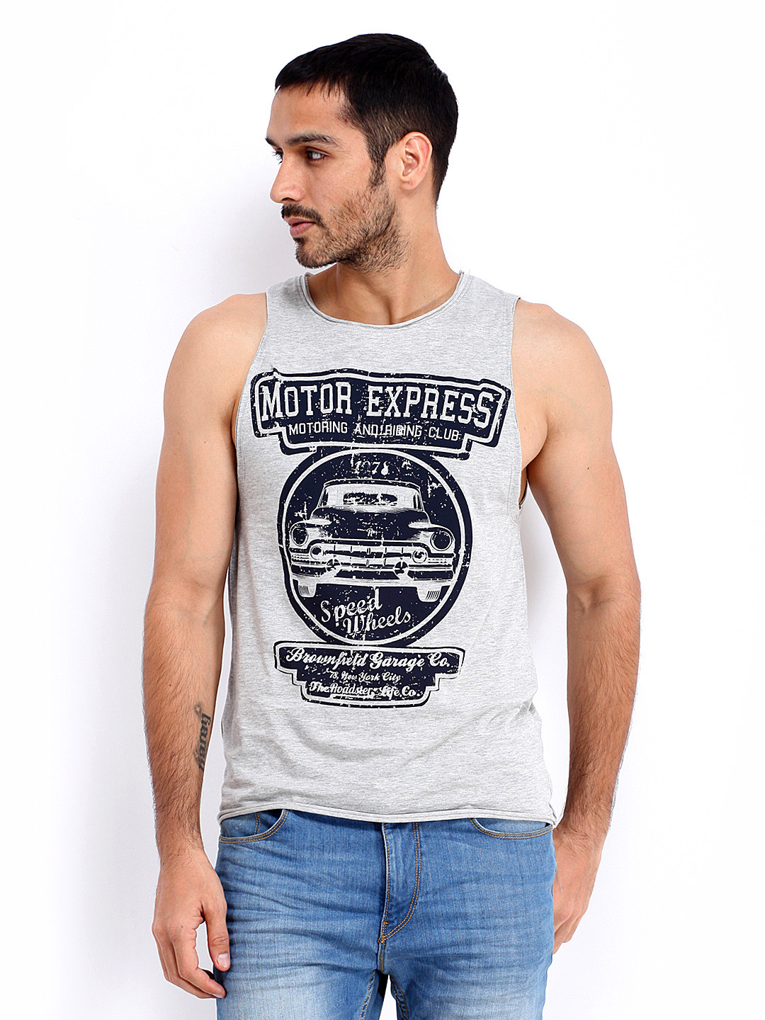 Buy Roadster Men Grey Melange Motor Express Print T Shirt Tshirts for