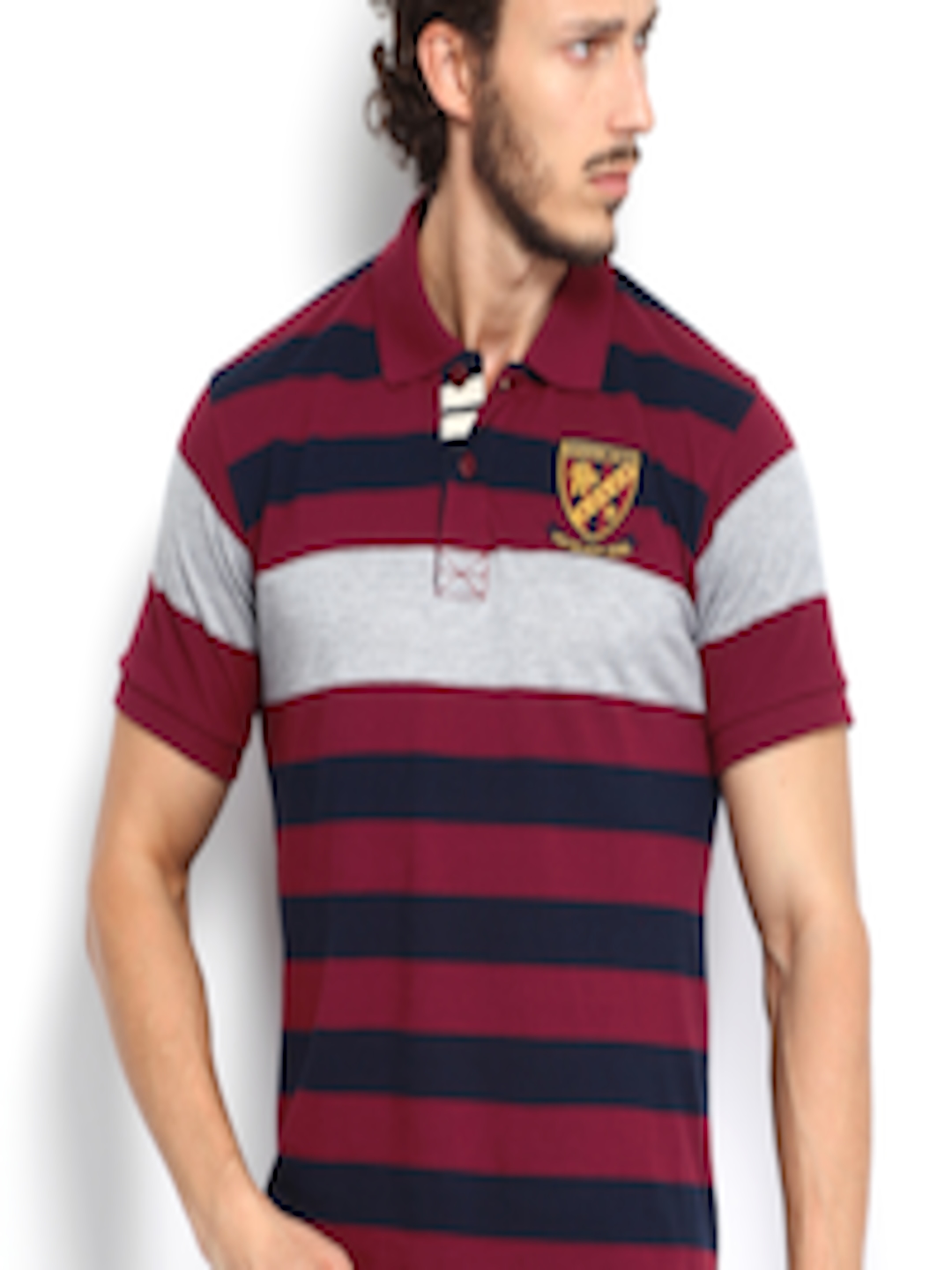 Buy Roadster Men Maroon Navy Striped Polo Pure Cotton T Shirt - Tshirts ...