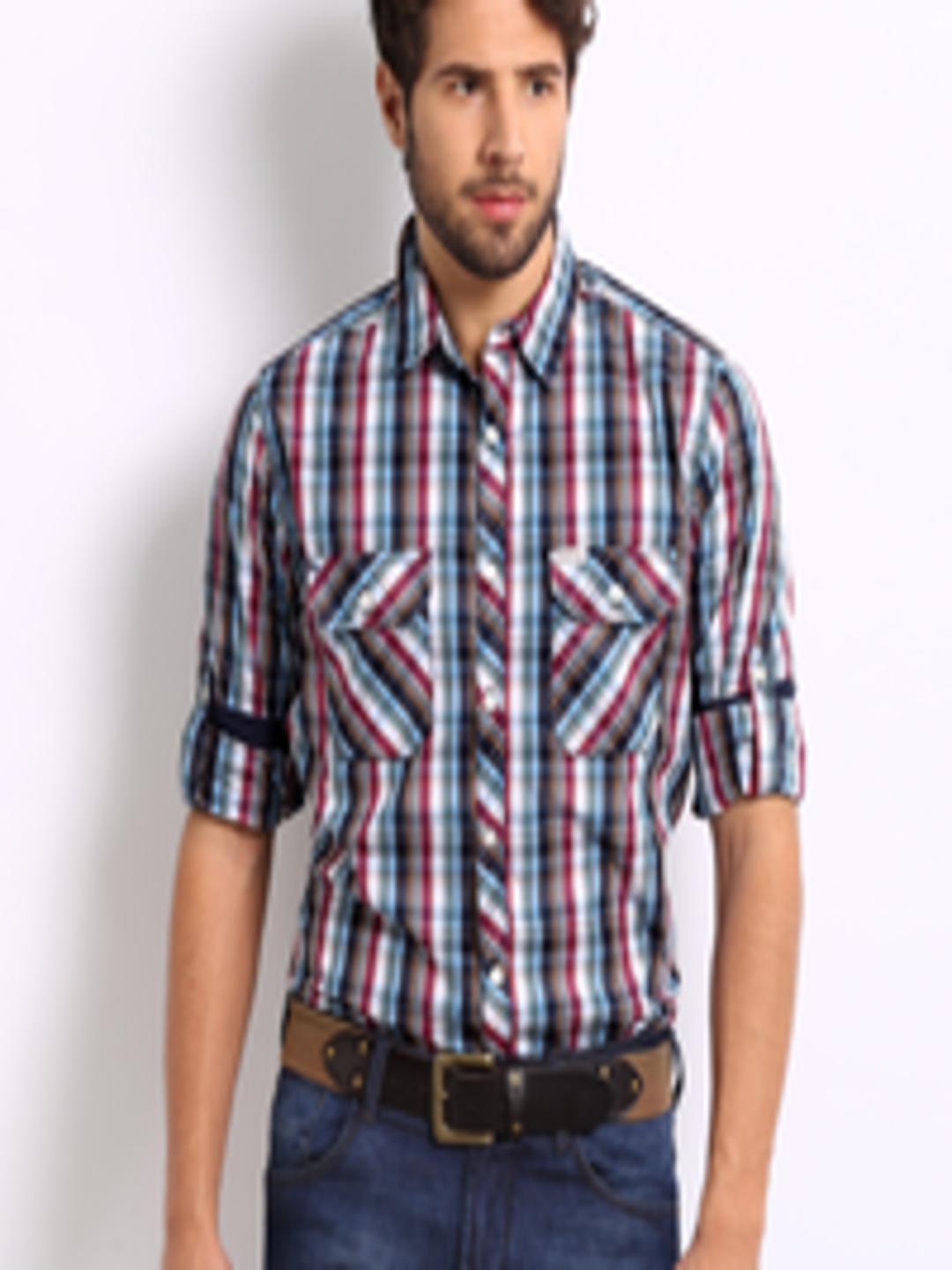 Buy Roadster Men Multi Coloured Sutil Checked Slim Fit Casual Shirt ...