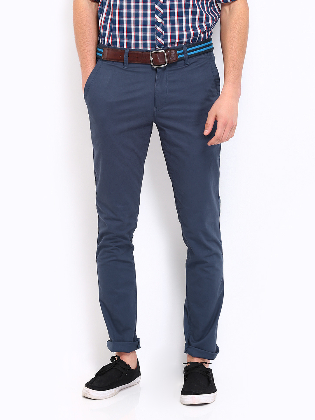 Buy Roadster Men Navy Torino Slim Fit Chino Trousers - Trousers for Men ...