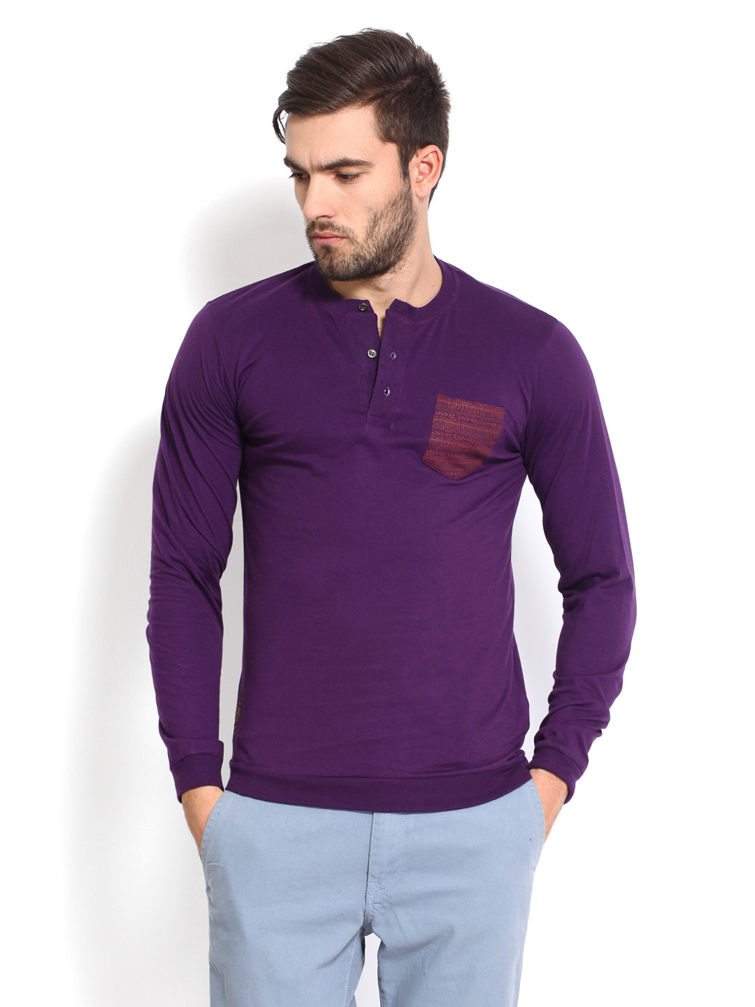 Buy Roadster Men Purple Henley Pure Cotton T Shirt Tshirts for Men