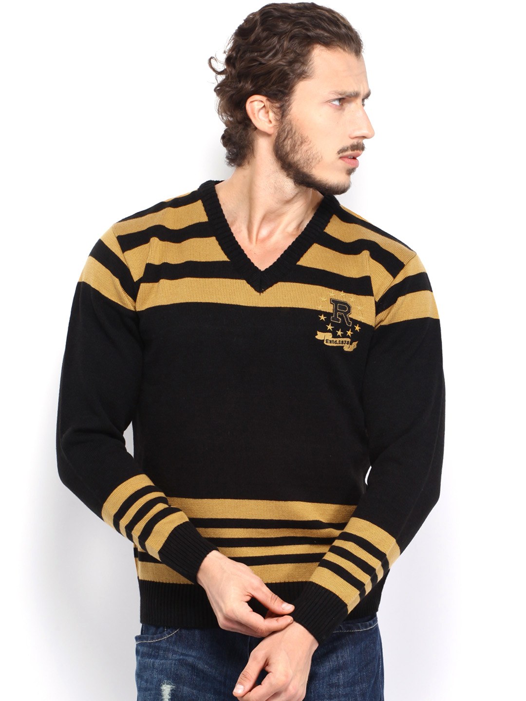 Buy Roadster Men Black & Mustard Yellow Striped Sweater Sweaters for Men 439162 Myntra