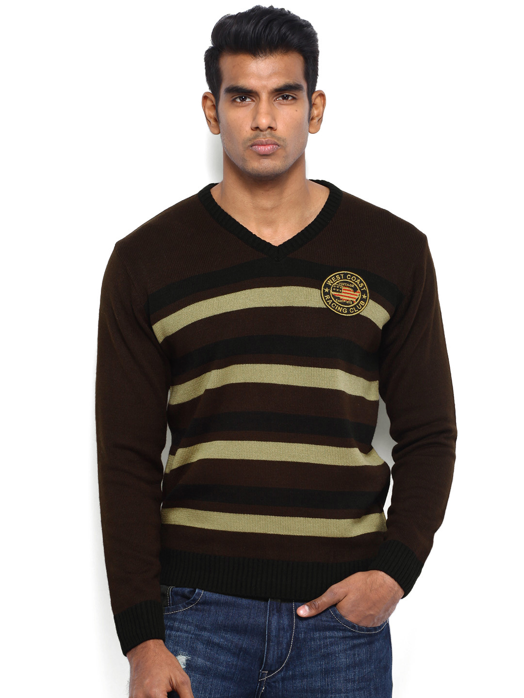 Buy Roadster Men Brown & Black Striped Sweater Sweaters for Men
