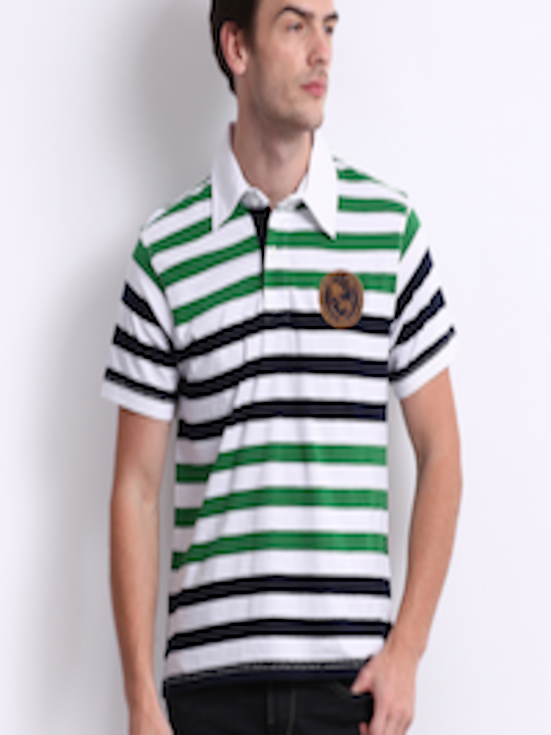 Buy Roadster Men White Green Striped Polo Pure Cotton T Shirt - Tshirts ...