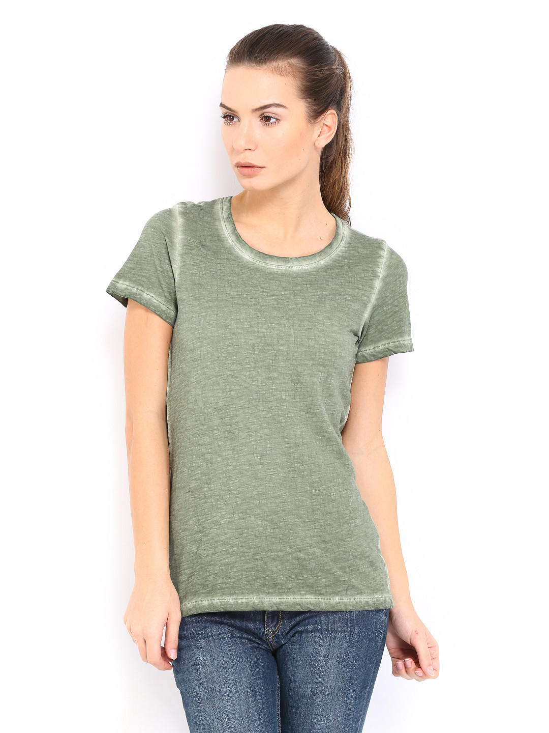 Buy Roadster Women Olive Green Pure Cotton T Shirt Tshirts for Women