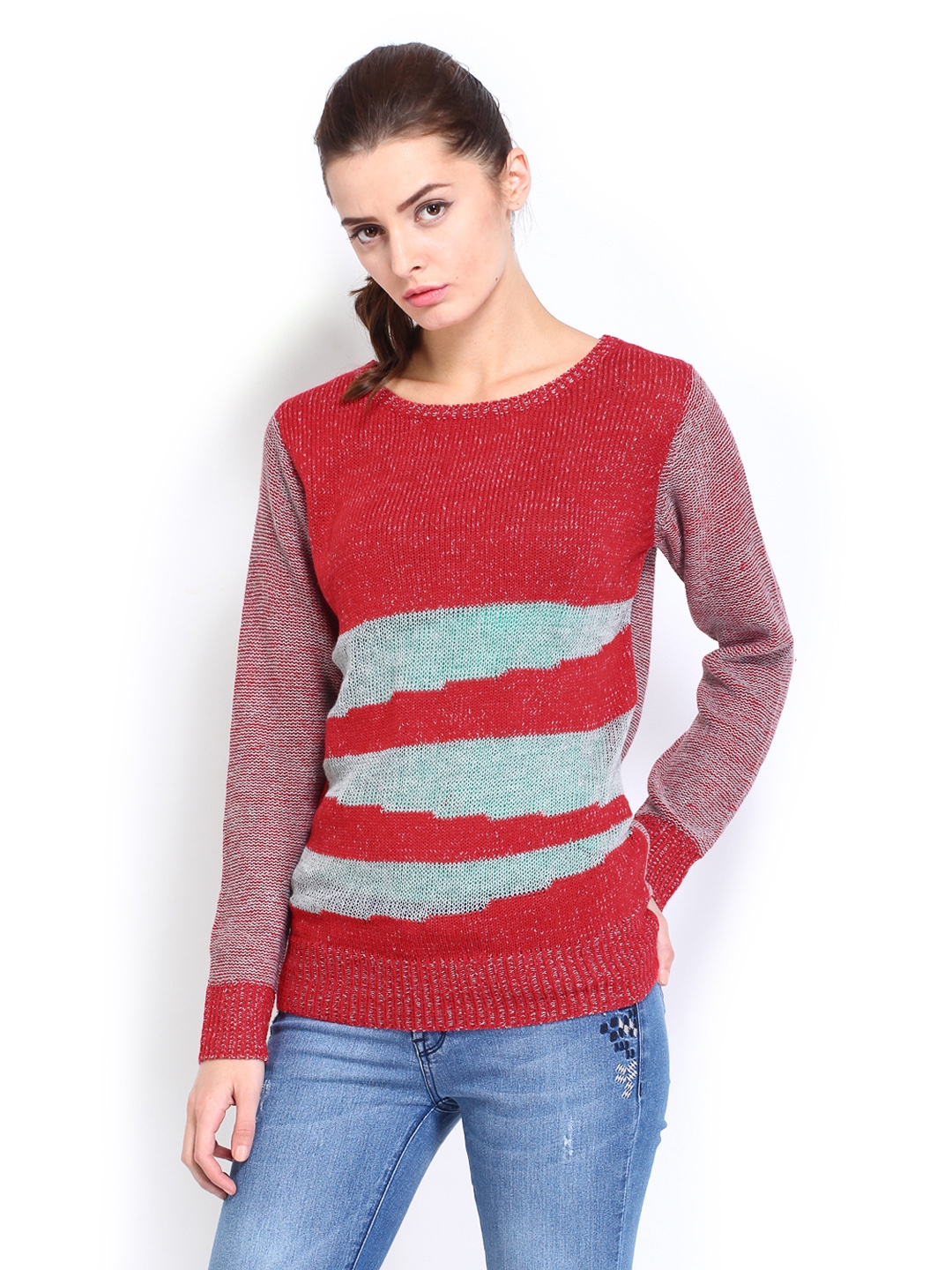 Buy Roadster Women Red & Grey Sweater - Sweaters for Women 528435 | Myntra