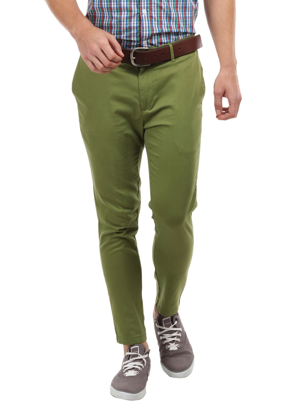 green tapered trousers