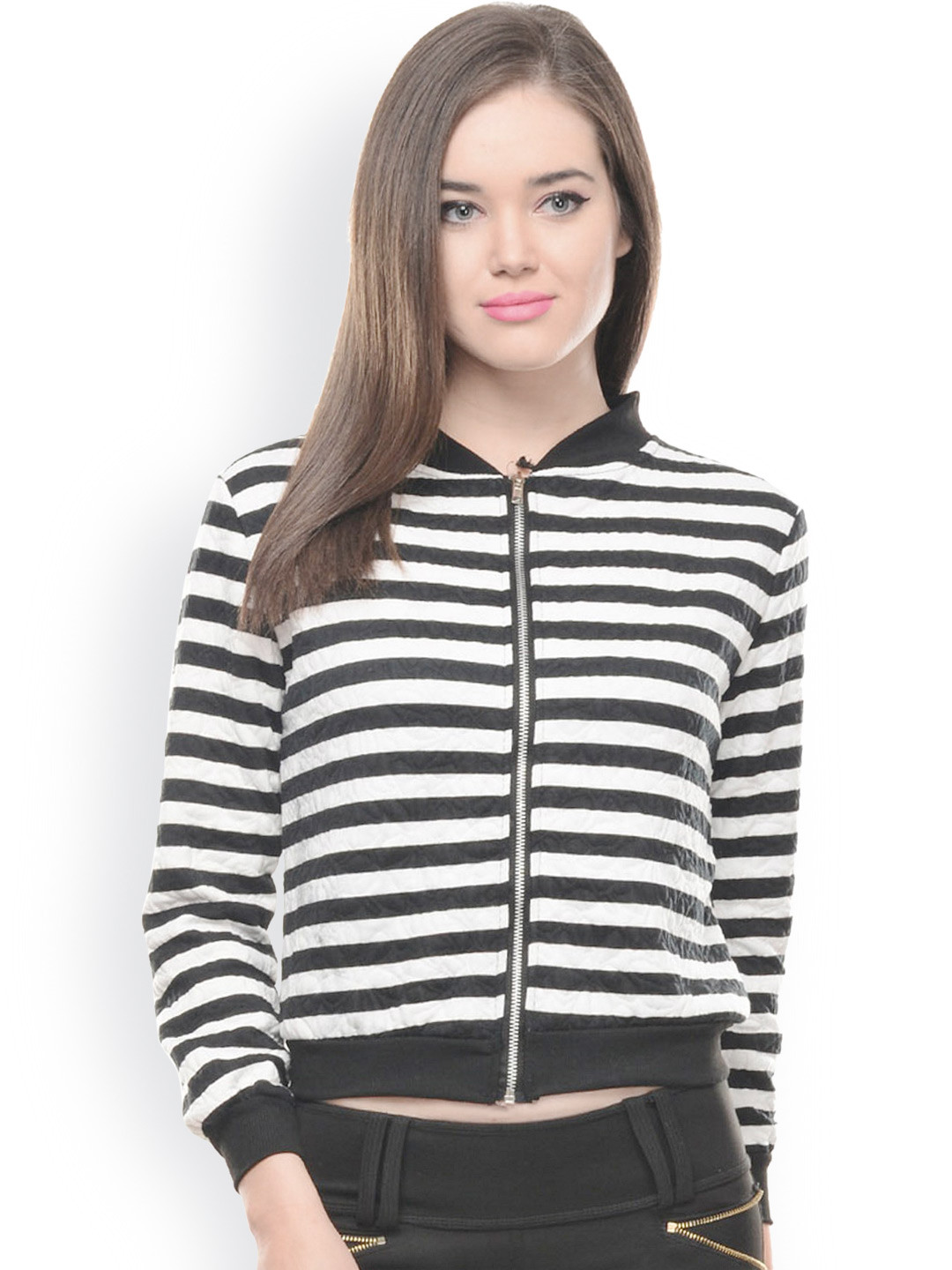 Buy Senora Women Black & White Striped Jacket Jackets for Women
