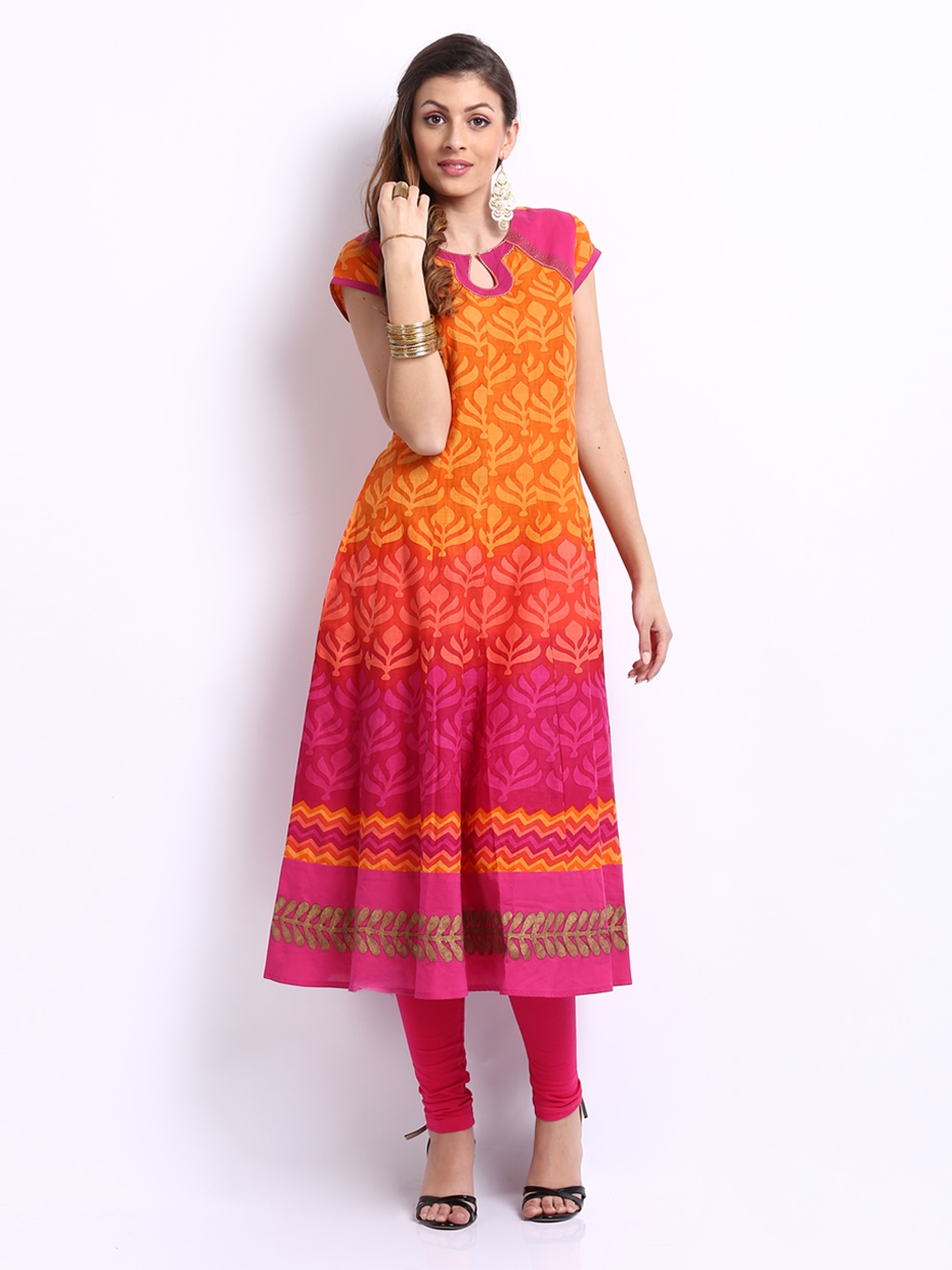 Buy Shakumbhari Women Orange & Pink Printed Anarkali Kurta - Kurtas for ...