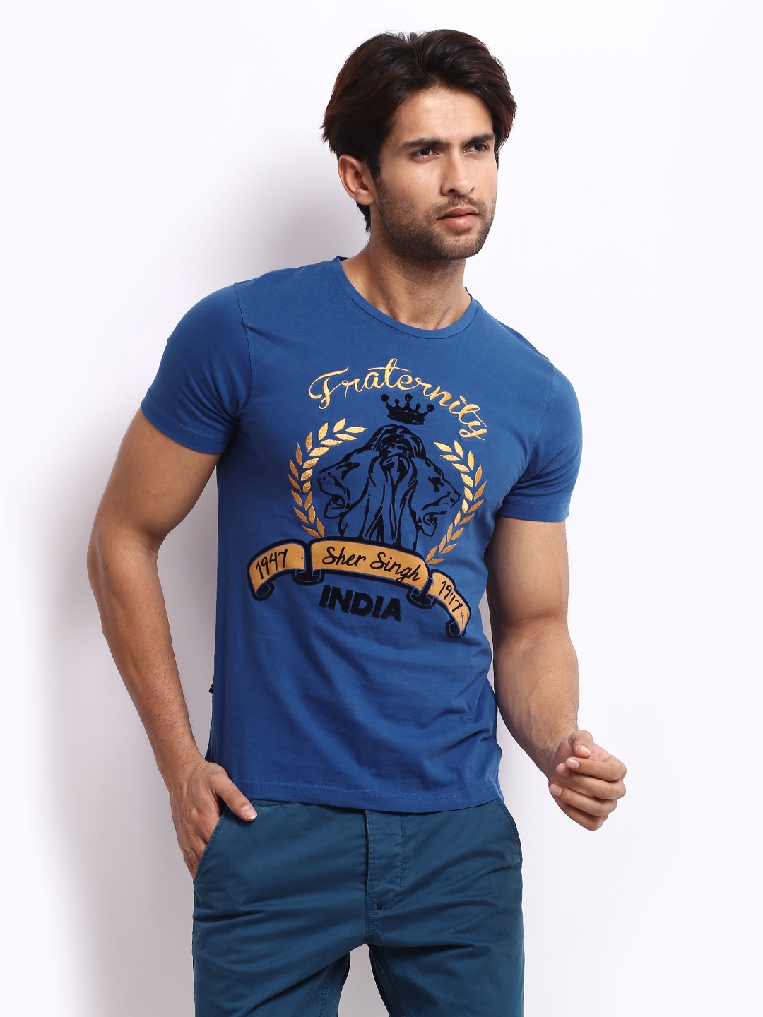 Buy Sher Singh Men Blue Printed Fraternity Pure Cotton T Shirt ...
