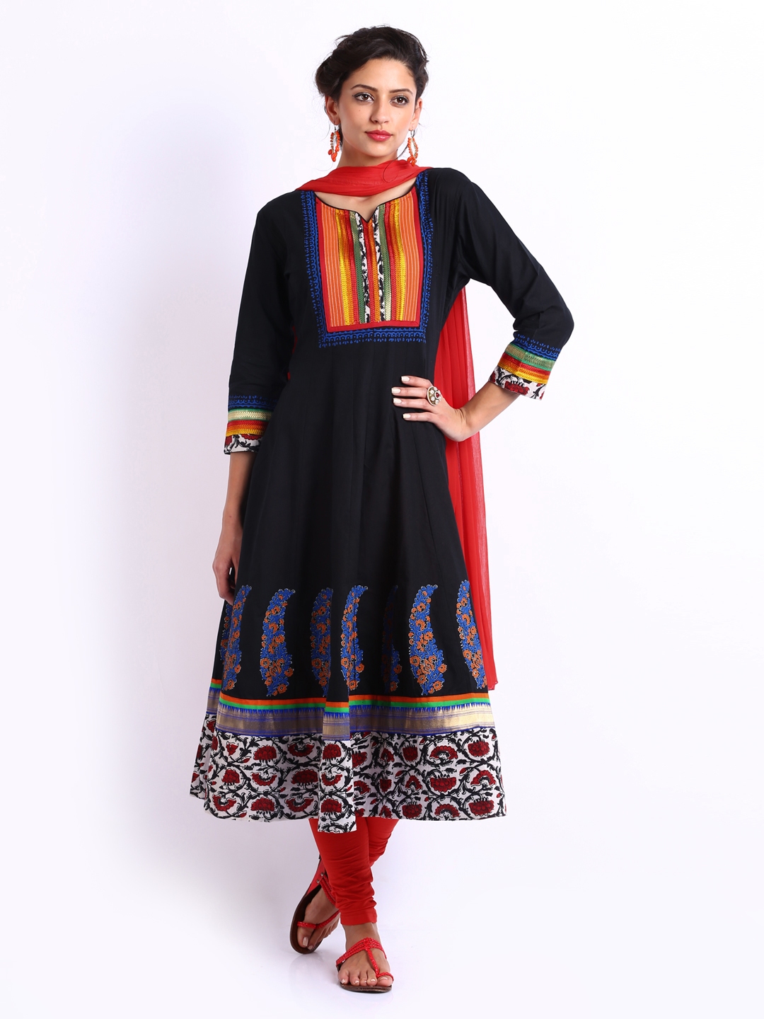 black churidar with red dupatta