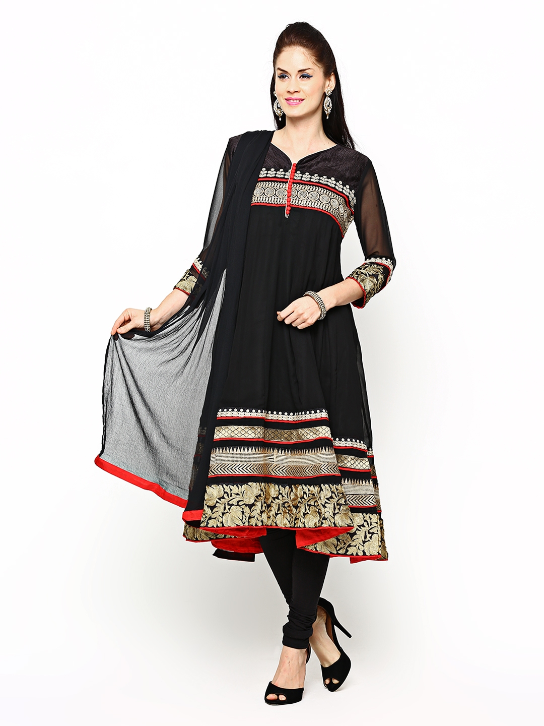 Buy Span Women Black Anarkali Churidar Kurta With Dupatta Kurta Sets For Women 464198 Myntra 1295