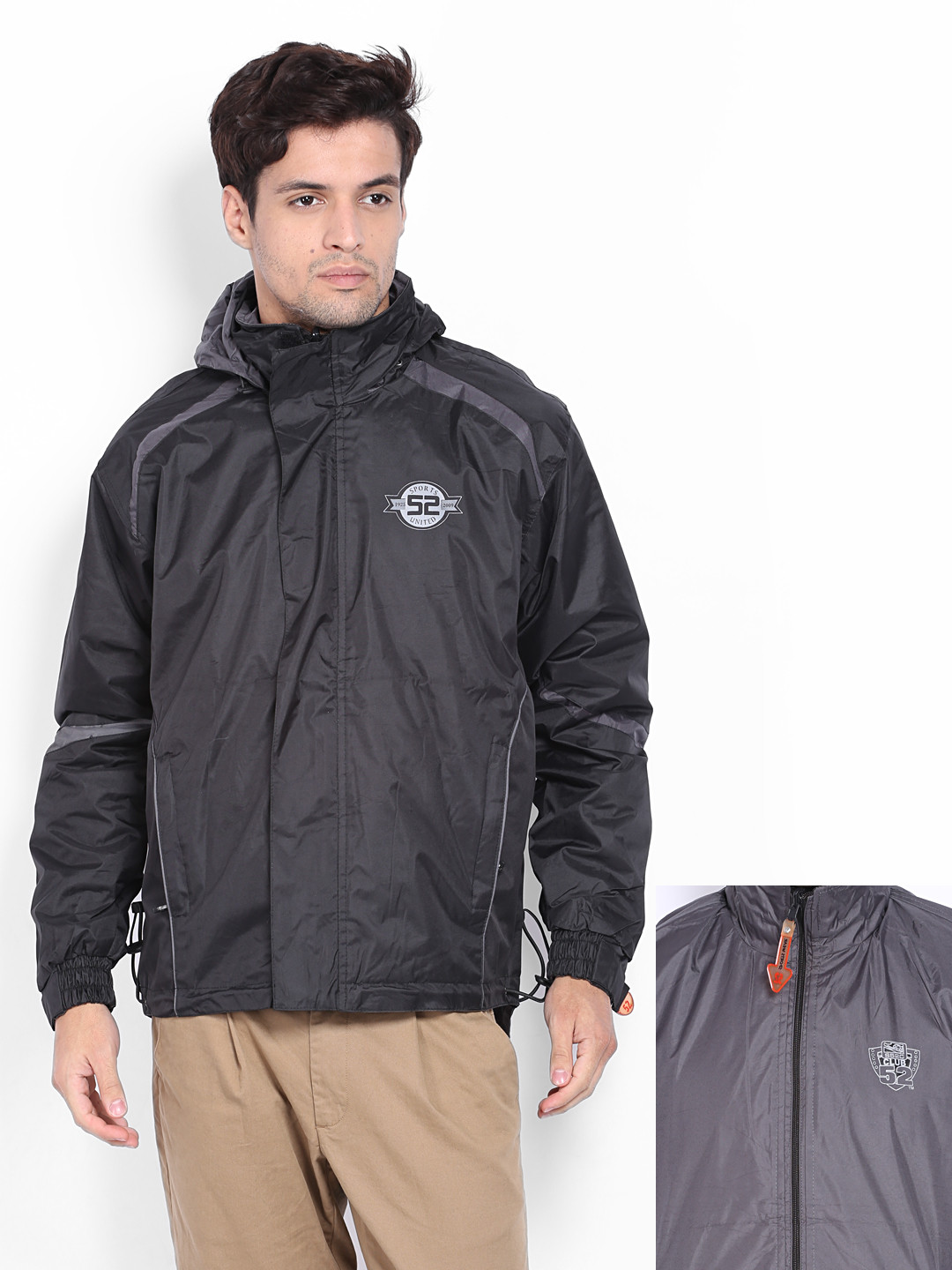 Buy Sports 52 Men Black & Grey Reversible Hooded Jacket Rain Jacket