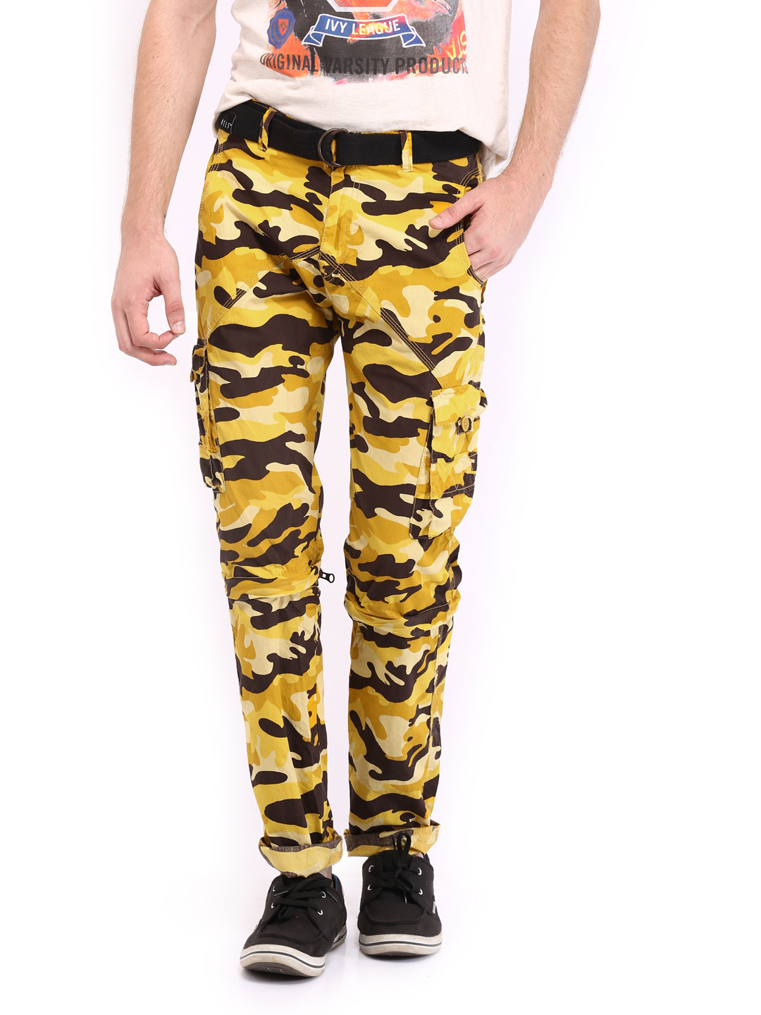 Buy Sports 52 Men Yellow Camouflage Print Convertible Cargo Trousers