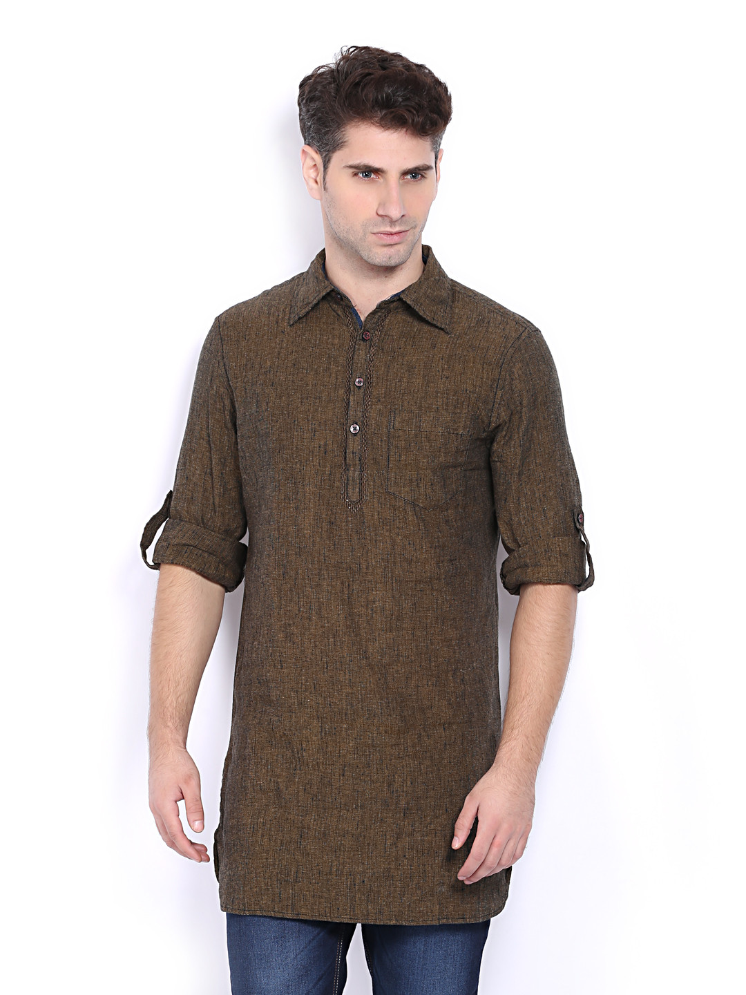 Buy The Indian Garage Co Men Mustard Brown Linen Short Kurta Kurtas