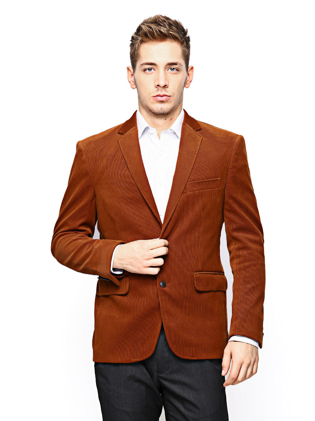 Buy Theme Men Rust Brown Corduroy Slim Fit Blazer Jackets for Men