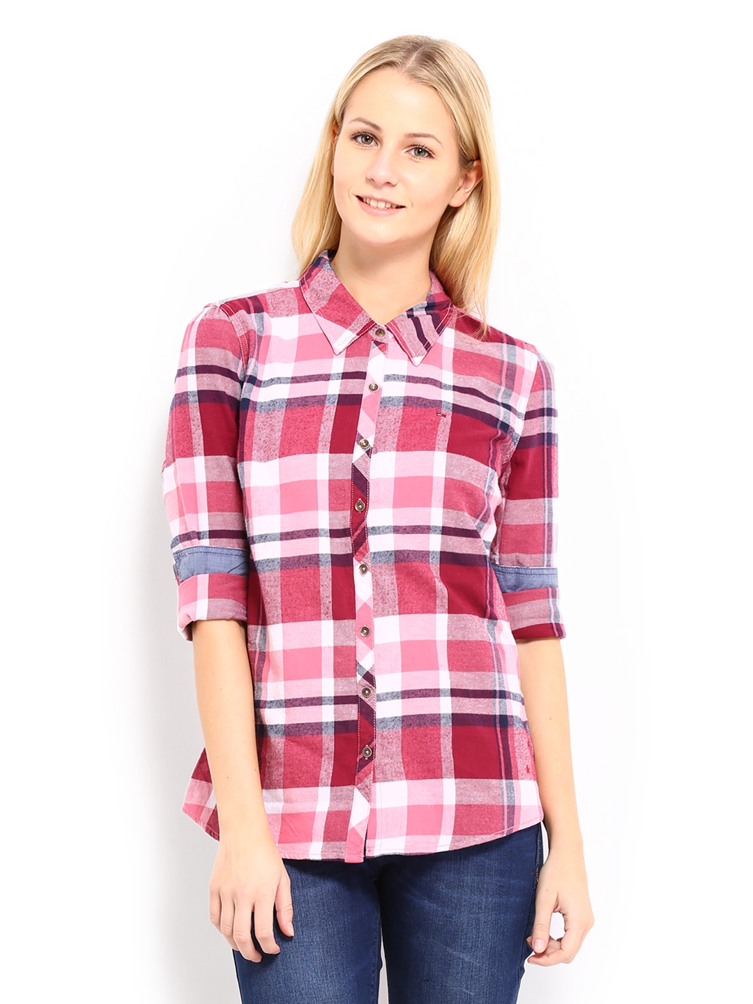 Buy Tommy Hilfiger Women Maroon & Pink Benita Checked Shirt - Shirts ...