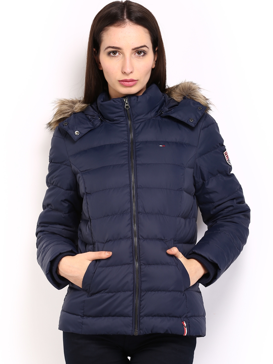 Buy Tommy Hilfiger Women Navy Hooded Padded Bomber Jacket - Jackets for ...