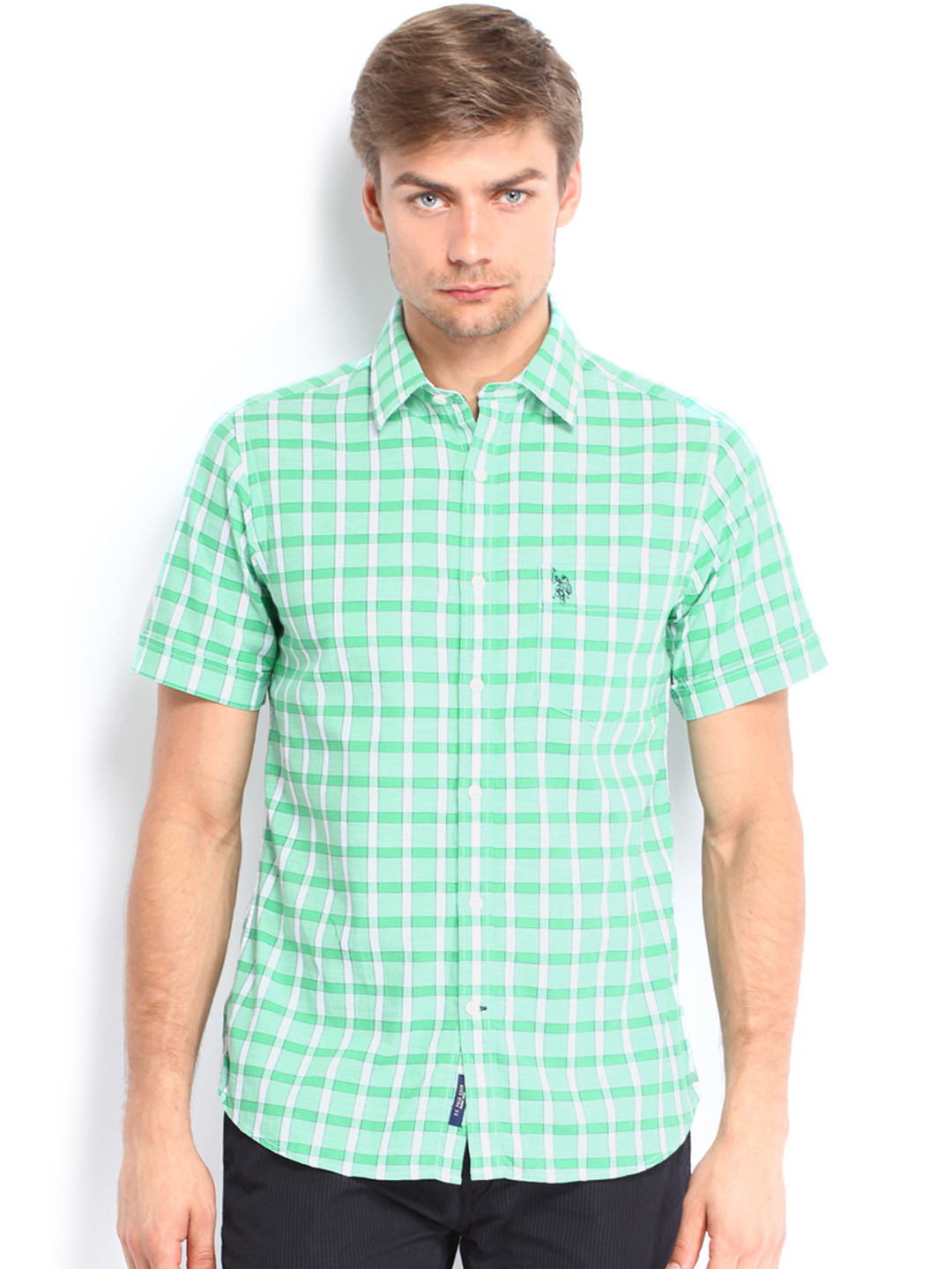 Buy U.S. Polo Assn. Men Green & White Checked Tailored Fit Casual Shirt