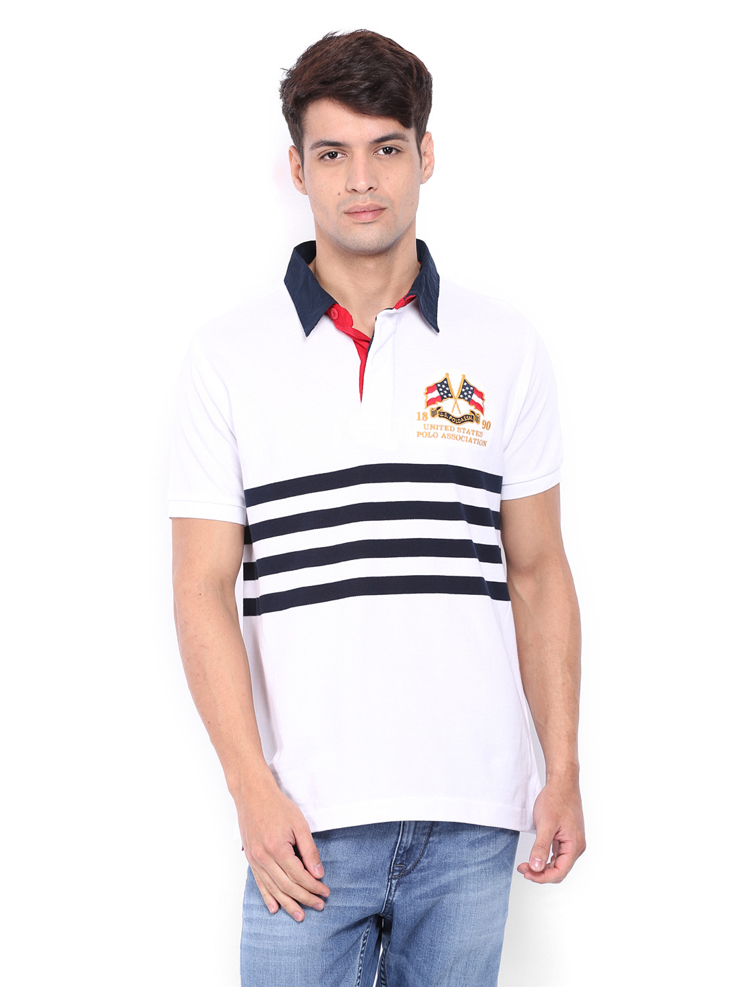 Buy U.S. Polo Assn. Men White & Navy Striped Polo T Shirt - Tshirts for Men 384843 | Myntra