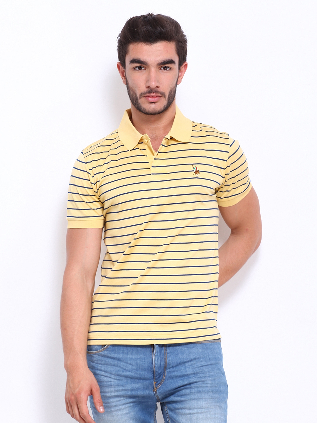 Buy U.S. Polo Assn. Men Yellow Striped Polo Pure Cotton T Shirt ...