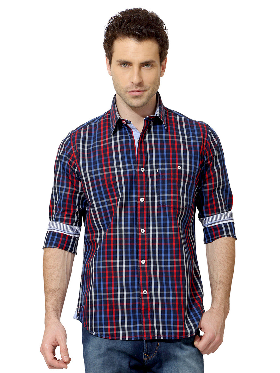 Buy Van Heusen Sport Men Navy & Red Checked Slim Fit Casual Shirt