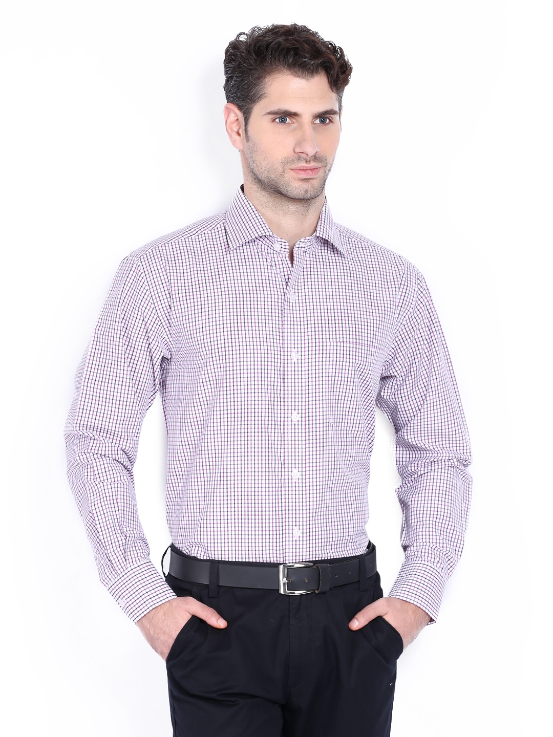 Buy Vivaldi Men White & Purple Checked Tailored Fit Formal Shirt ...