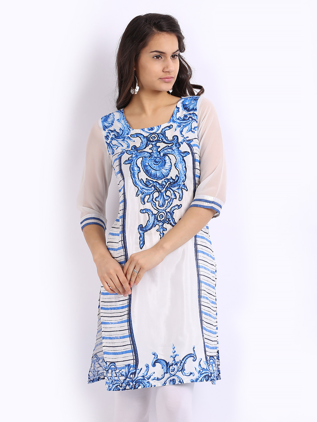 Women White & Blue Printed Kurta Set main image 1