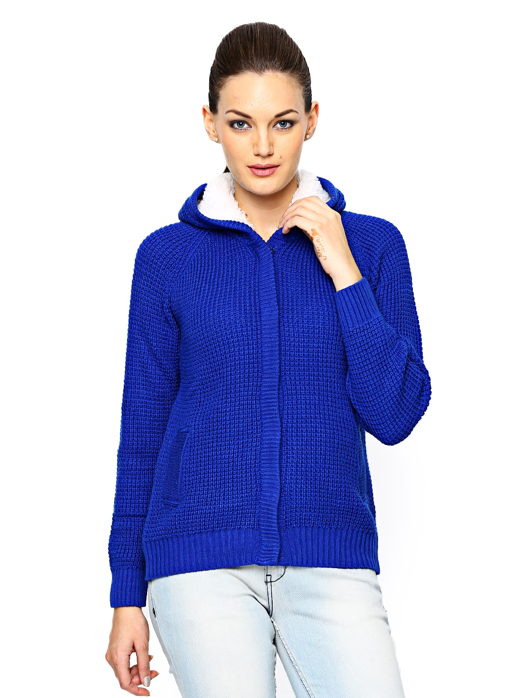 Buy Wills Lifestyle Women Royal Blue Hooded Cardigan - Sweaters for ...