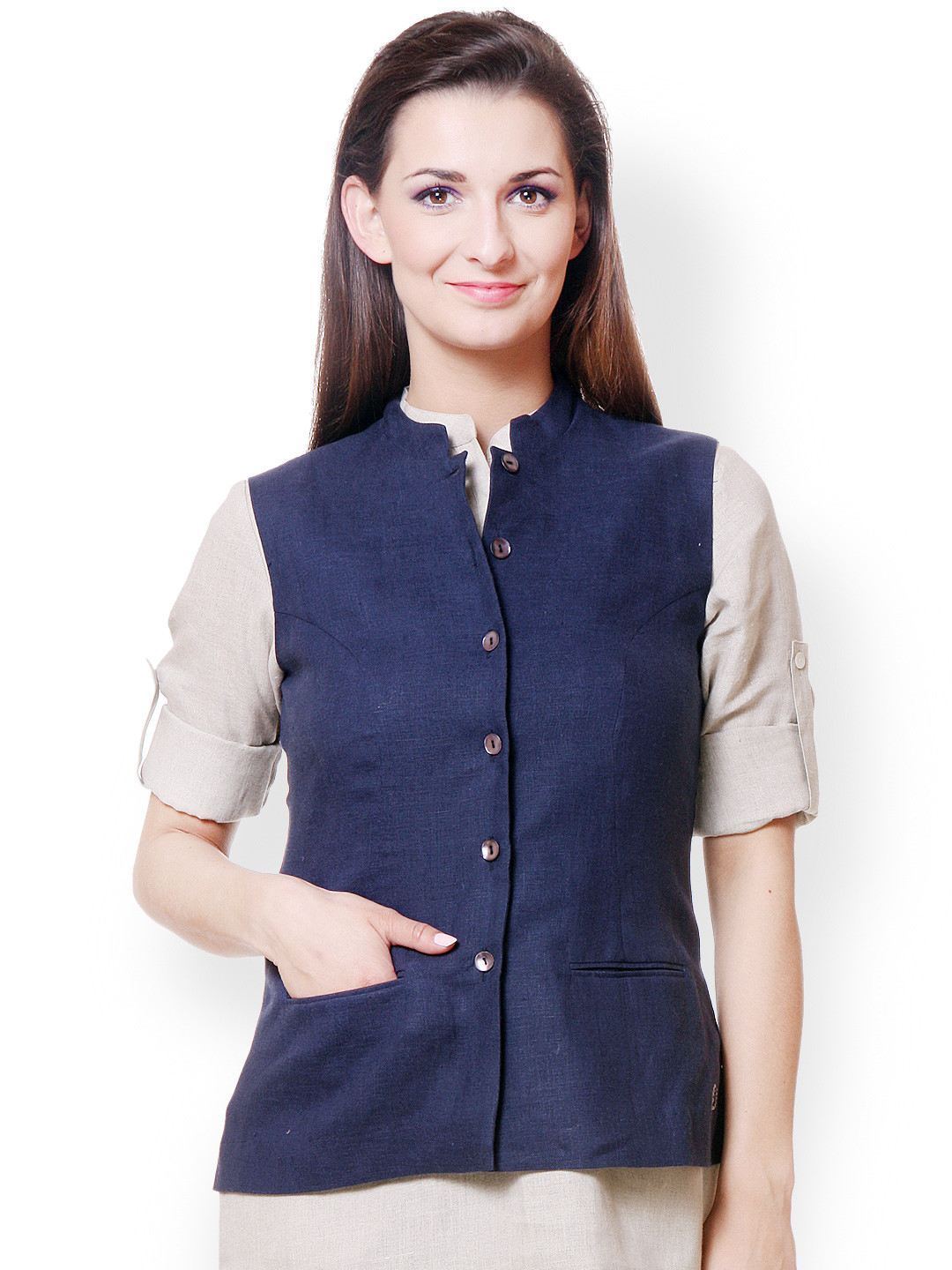 Buy Yell Women Navy Linen Nehru Jacket Waistcoat for Women 743356