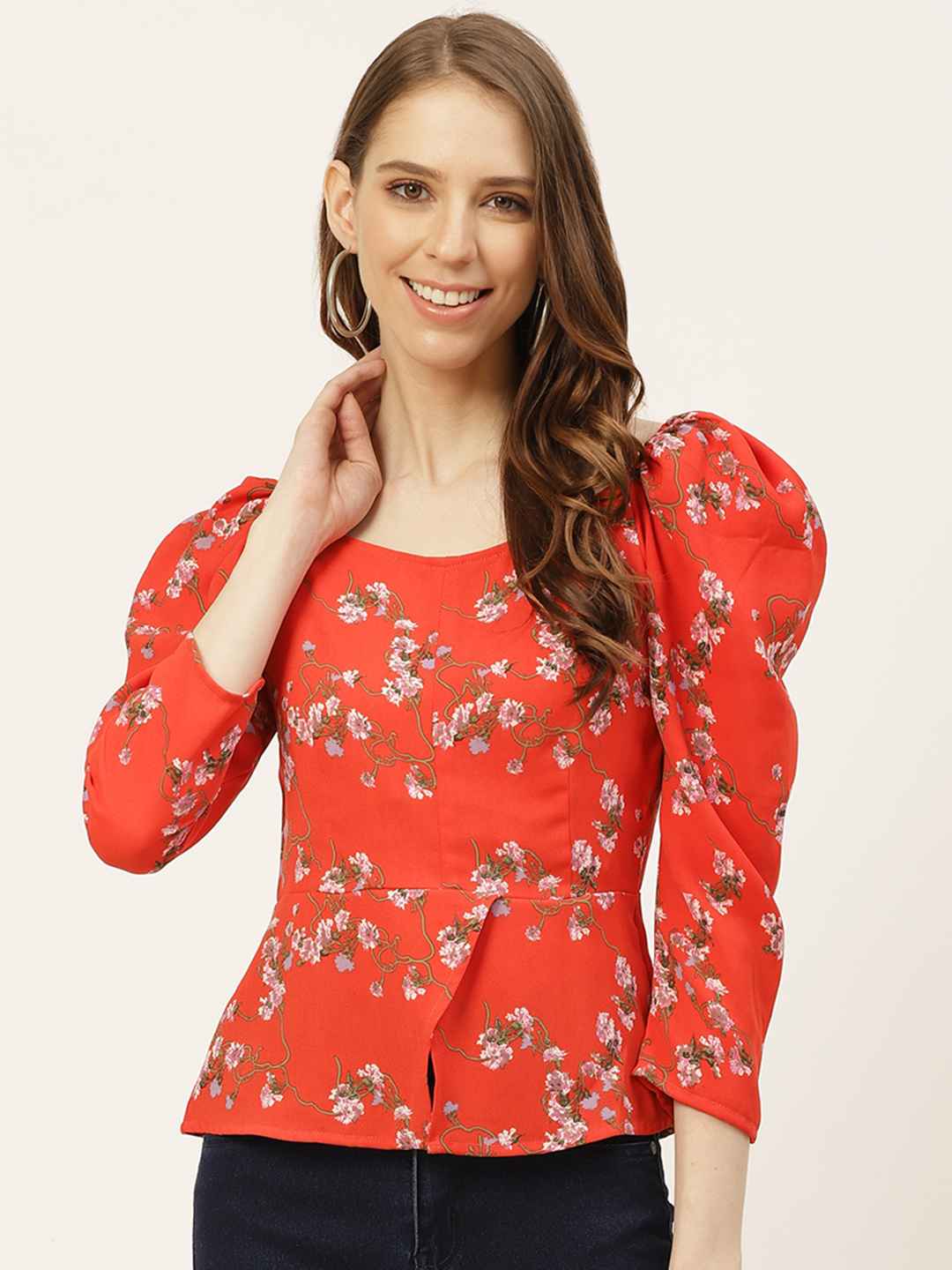 Orange Floral Half Sleeves Peplum Top main image 0