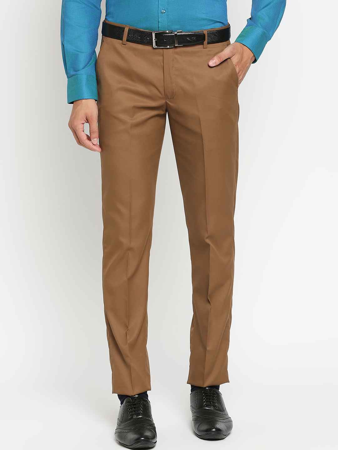 Buy Solemio Men Khaki Slim Fit Formal Trousers - Trousers for Men ...