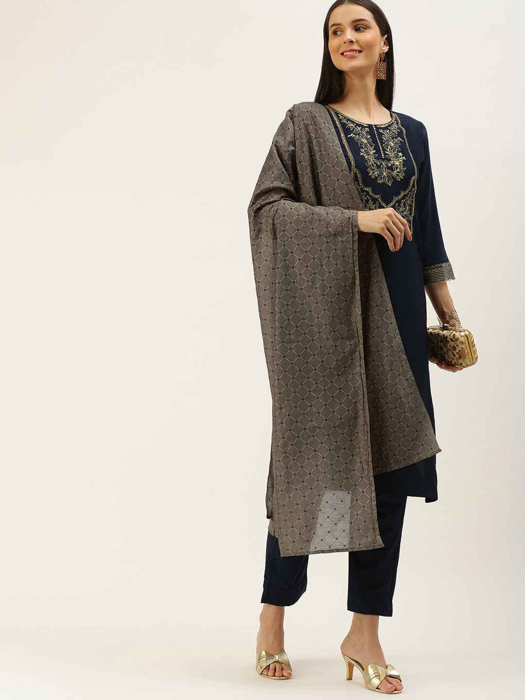 Women Navy Blue Ethnic Motifs Embroidered Yoke Design Lace work Kurta with Blue Solid Palazzos main image 1