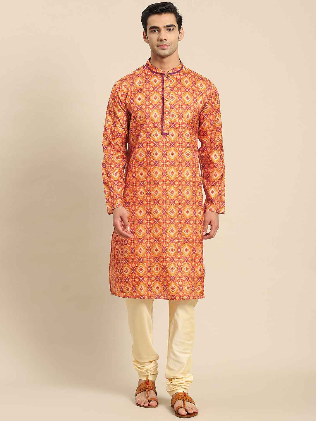 Men Orange & White Self Design Kurta with Churidar main image 1