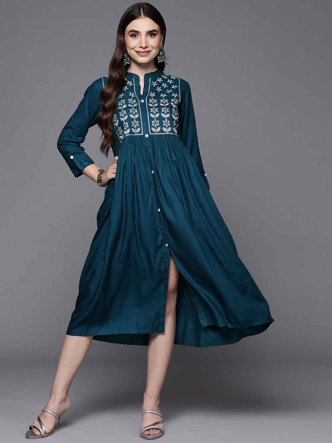 Indo Era Blue Embroidered A-Line Ethnic Dress