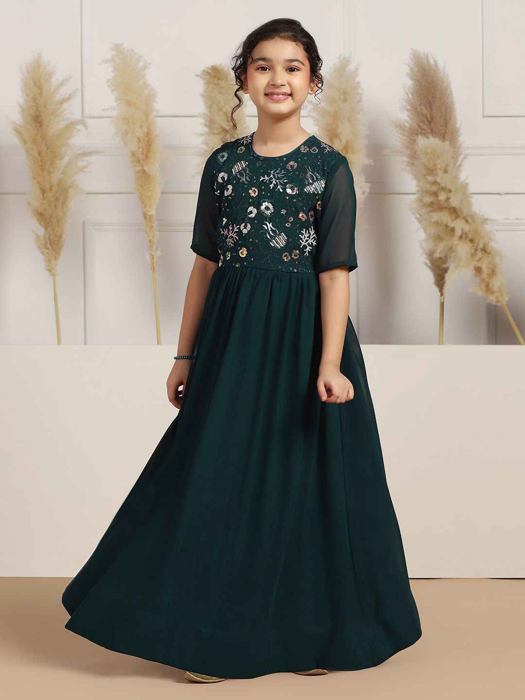 Girls Self Design Embellished Fit Flare Flared Maxi Dress