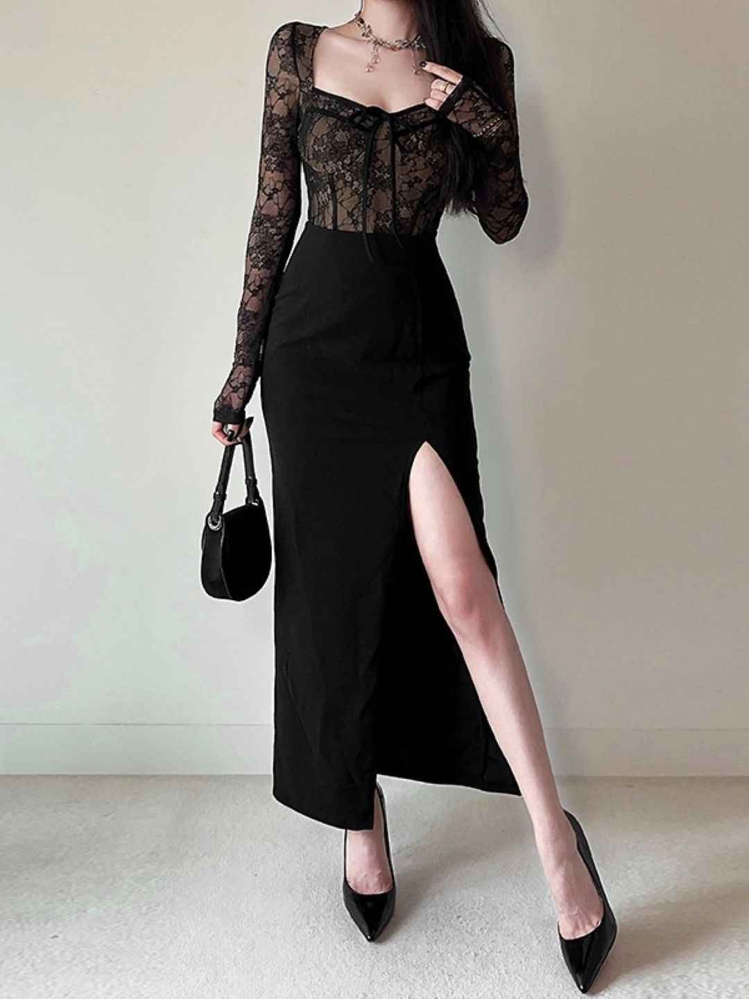Buy KPOP Women Lace Side Slits Bodycon Midi Dress - Dresses for Women ...
