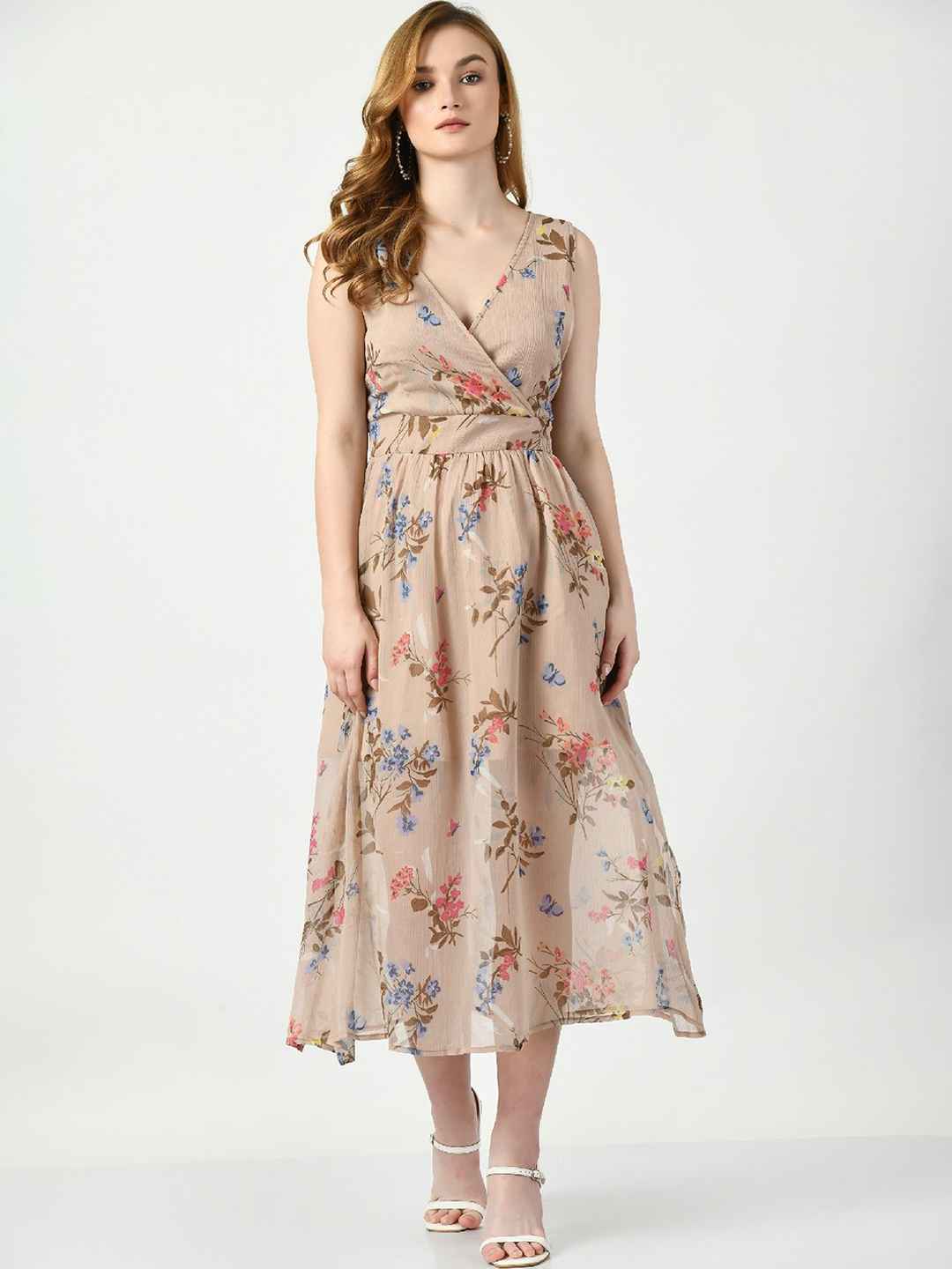 Nautinati Multicoloured Floral Crepe A-Line Midi Dress main image 1