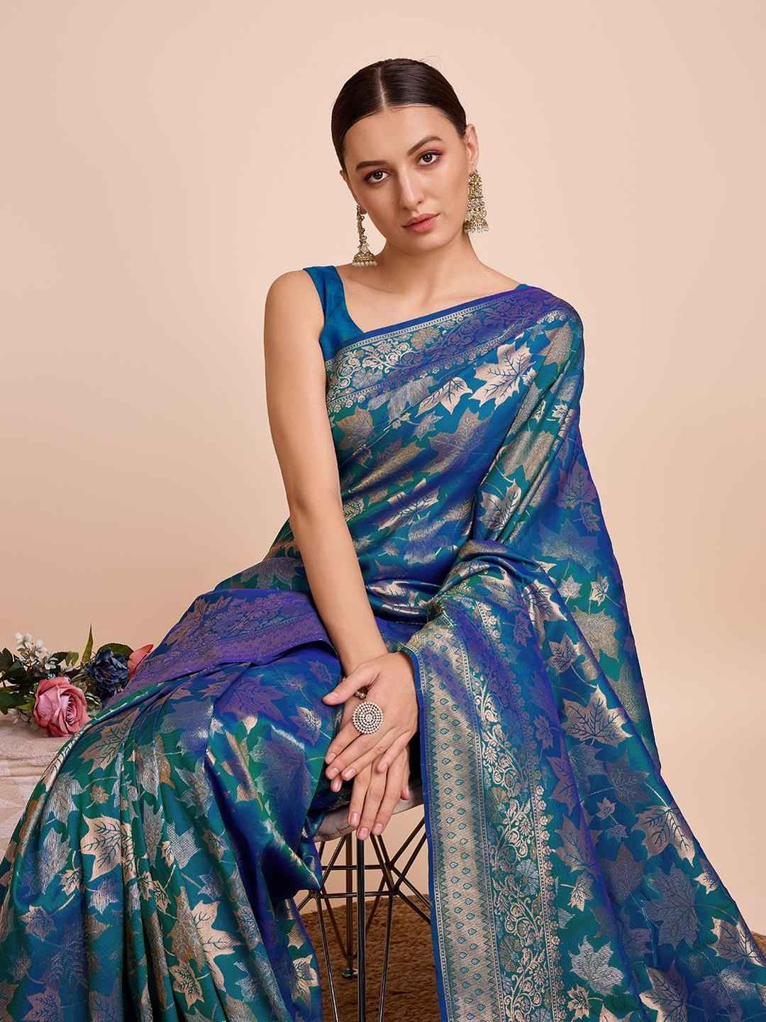 Wine Varni Fabrics Women Floral Banarasi Silk Woven Saree comes With Matching Blouse
