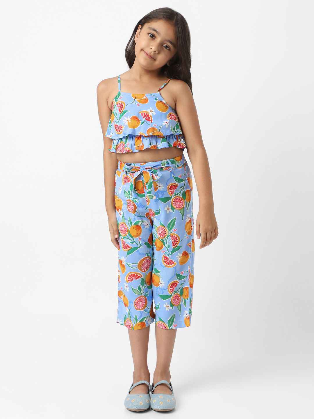 Nautinati Girls Floral Printed Smocked Shoulder Straps Top With Shorts main image 1