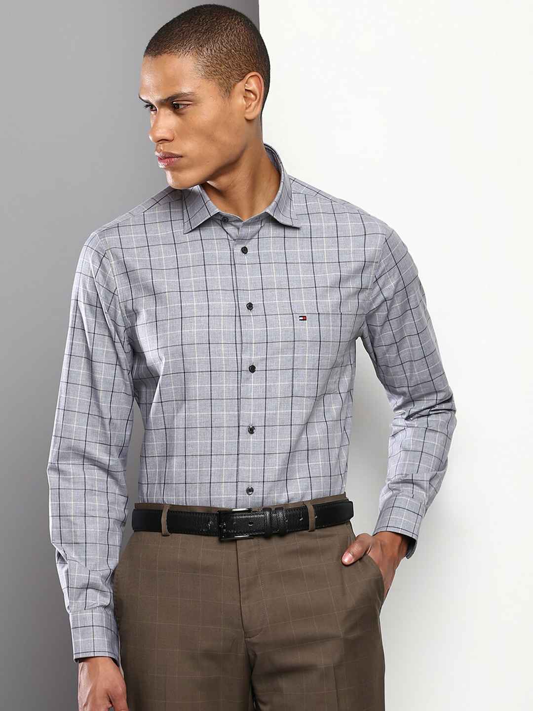 Buy Tommy Hilfiger Men Grey Windowpane Checks Checked Pure Cotton ...