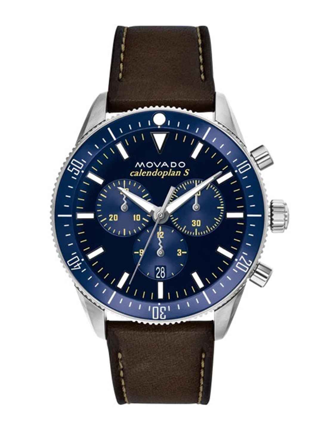 Movado Heritage 29mm Chronograph Blue Dial Brown Leather Strap Watch For Men - 3650061