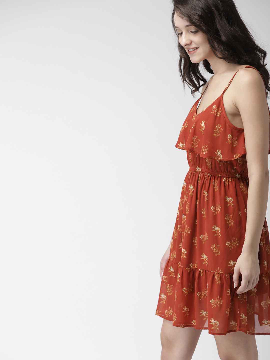 Women Rust Orange Printed Cotton A-Line  Dress