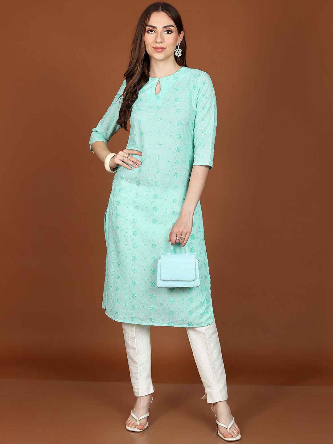 Women's Sea Green Bead Work Straight Kurta main image 1